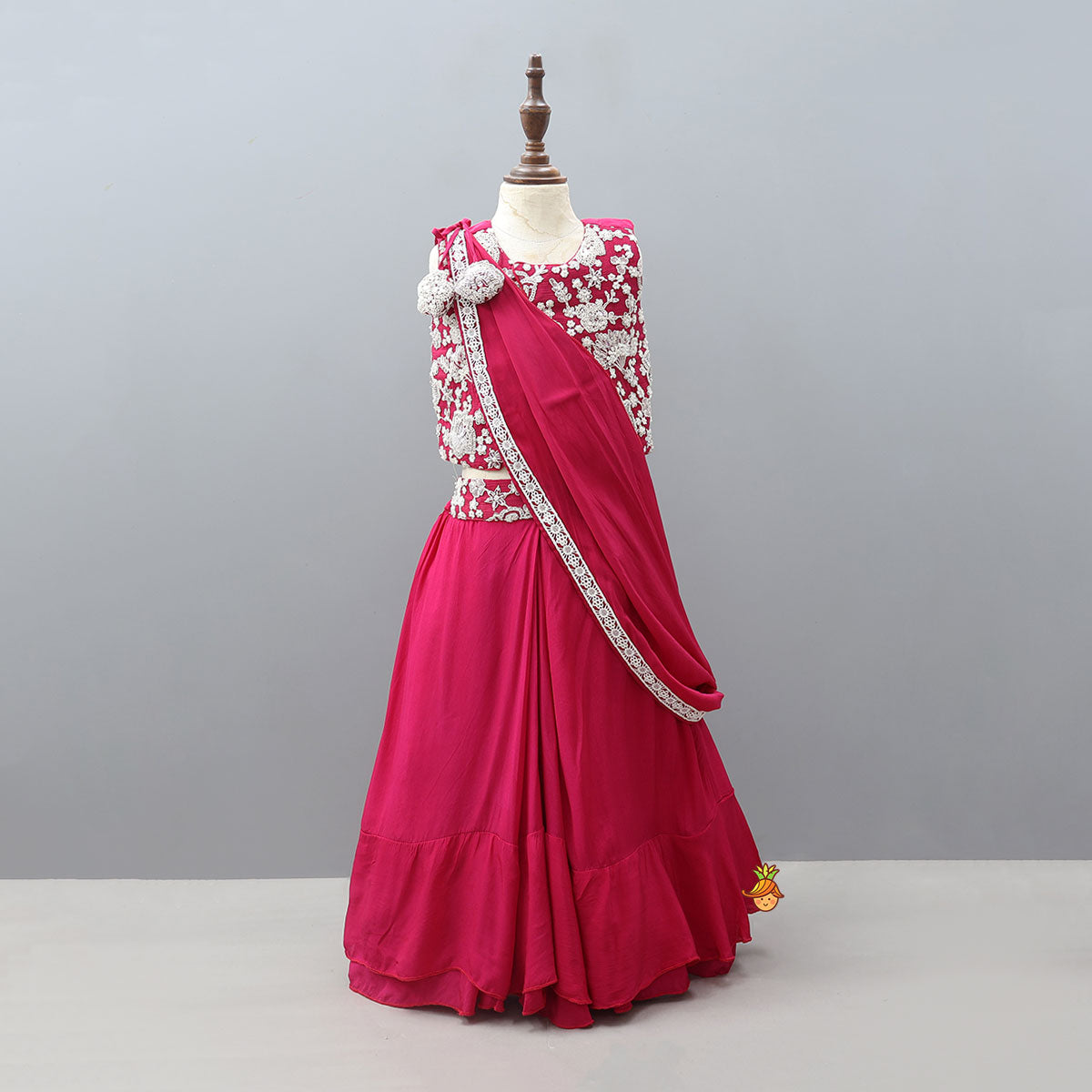 Stylish Front-Cut Top With Pleated Lehenga And Dupatta
