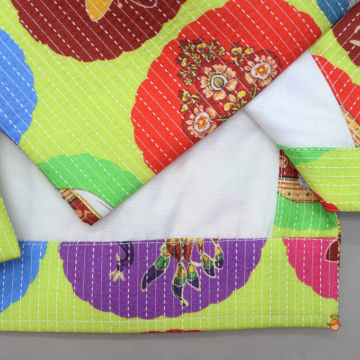 Kurta With Ethnic Printed Thread Work Jacket And Churidar