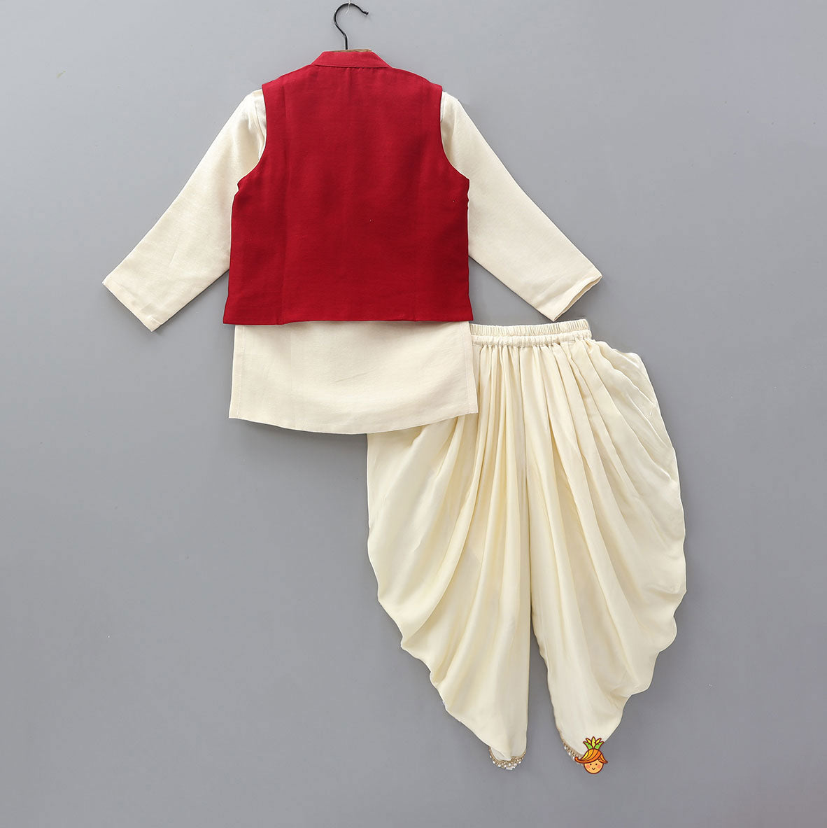 Pin Tuck Front Placket Kurta With Hand Embroidered Jacket And Pleated Dhoti