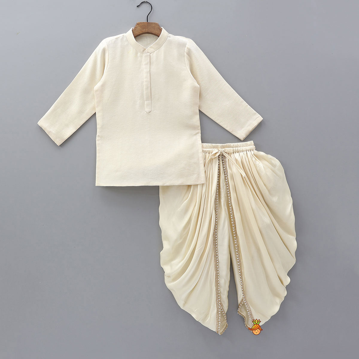 Pin Tuck Front Placket Kurta With Hand Embroidered Jacket And Pleated Dhoti