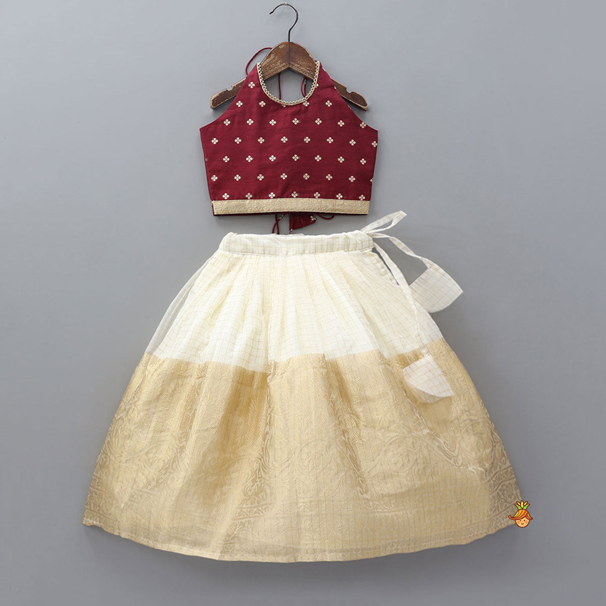 Floral Motif Embellished Halter Neck Crop Top With Organza Lehenga