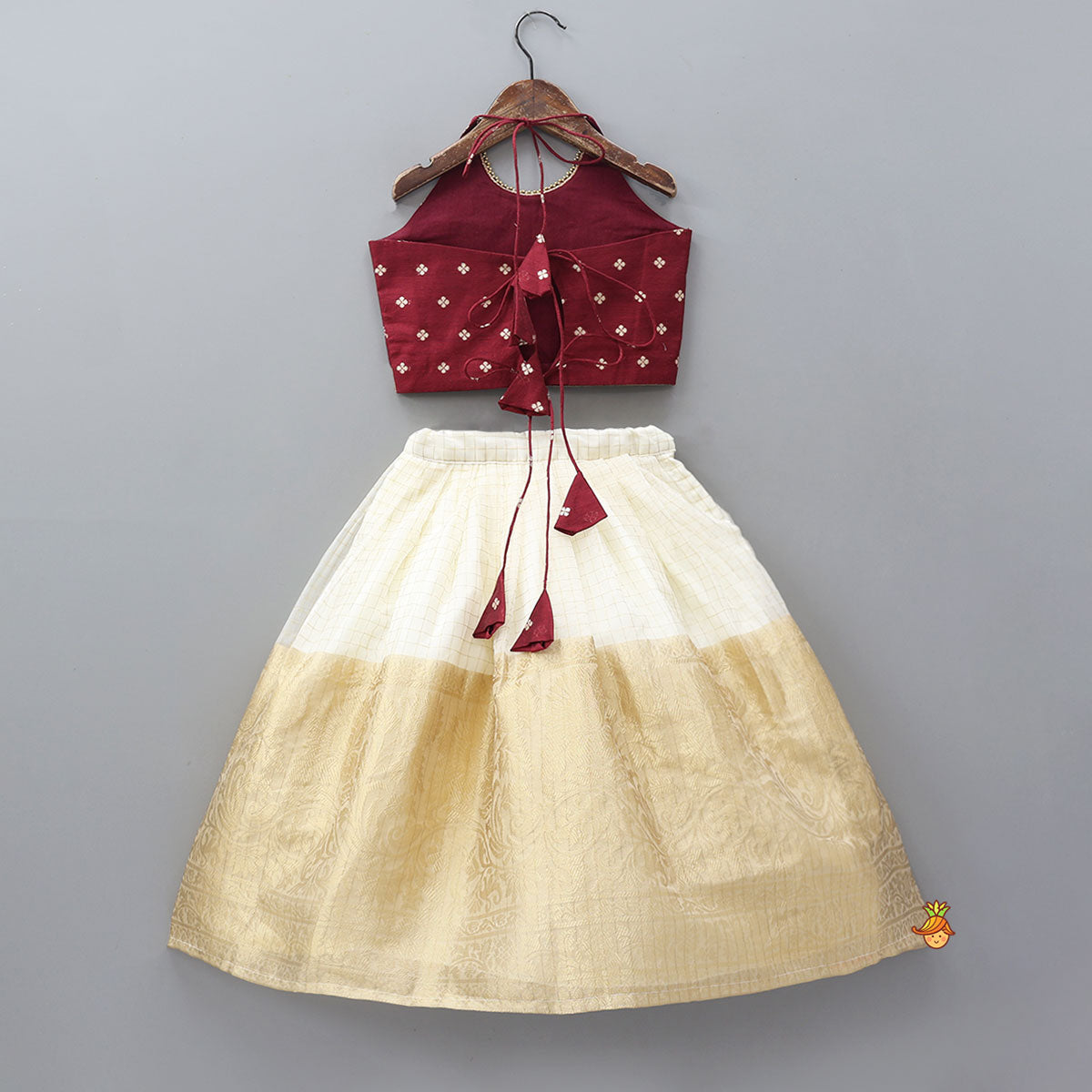 Floral Motif Embellished Halter Neck Crop Top With Organza Lehenga