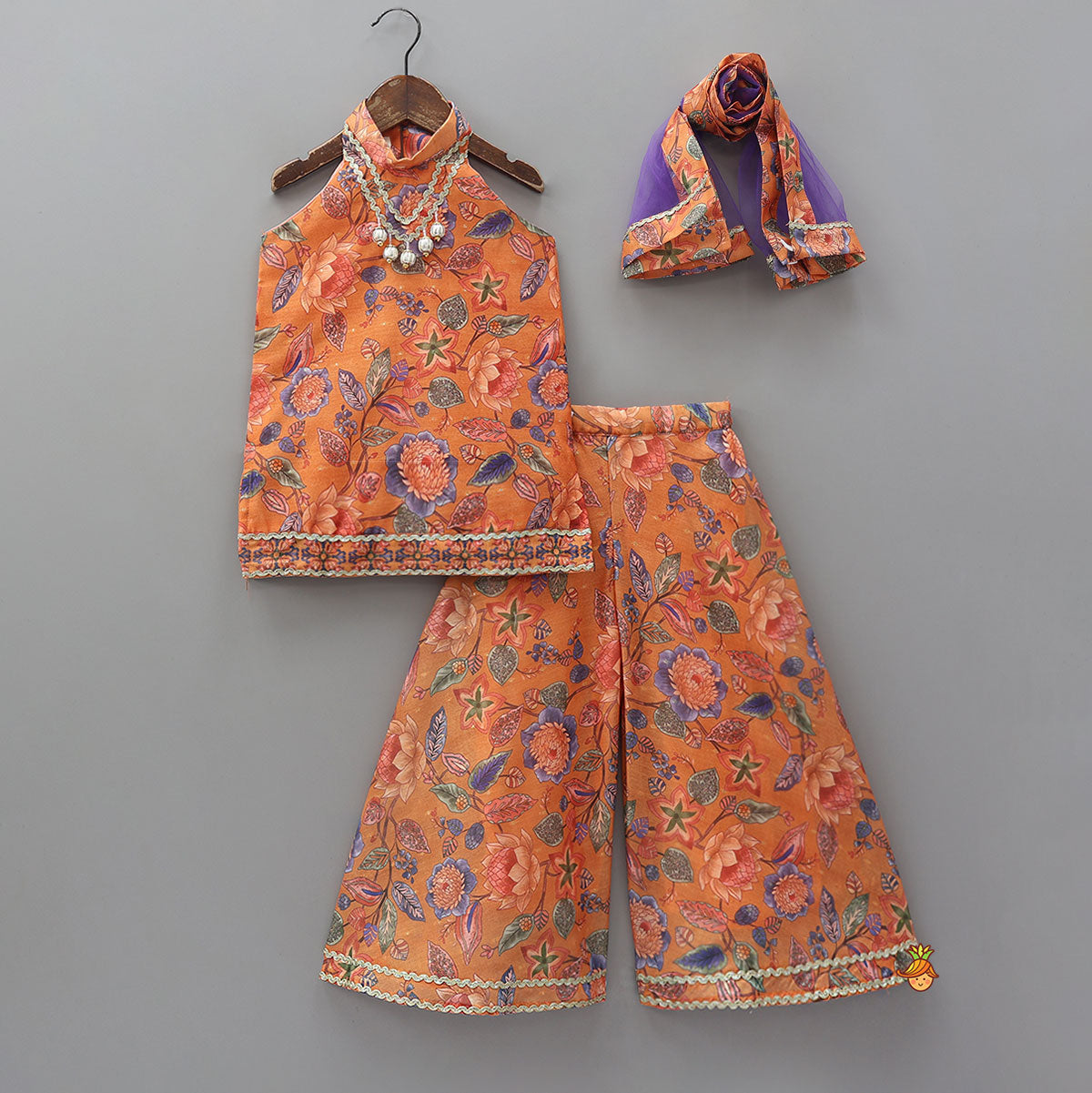 Floral Print Sleeveless Kurti With Palazzo And Contrasting Dupatta