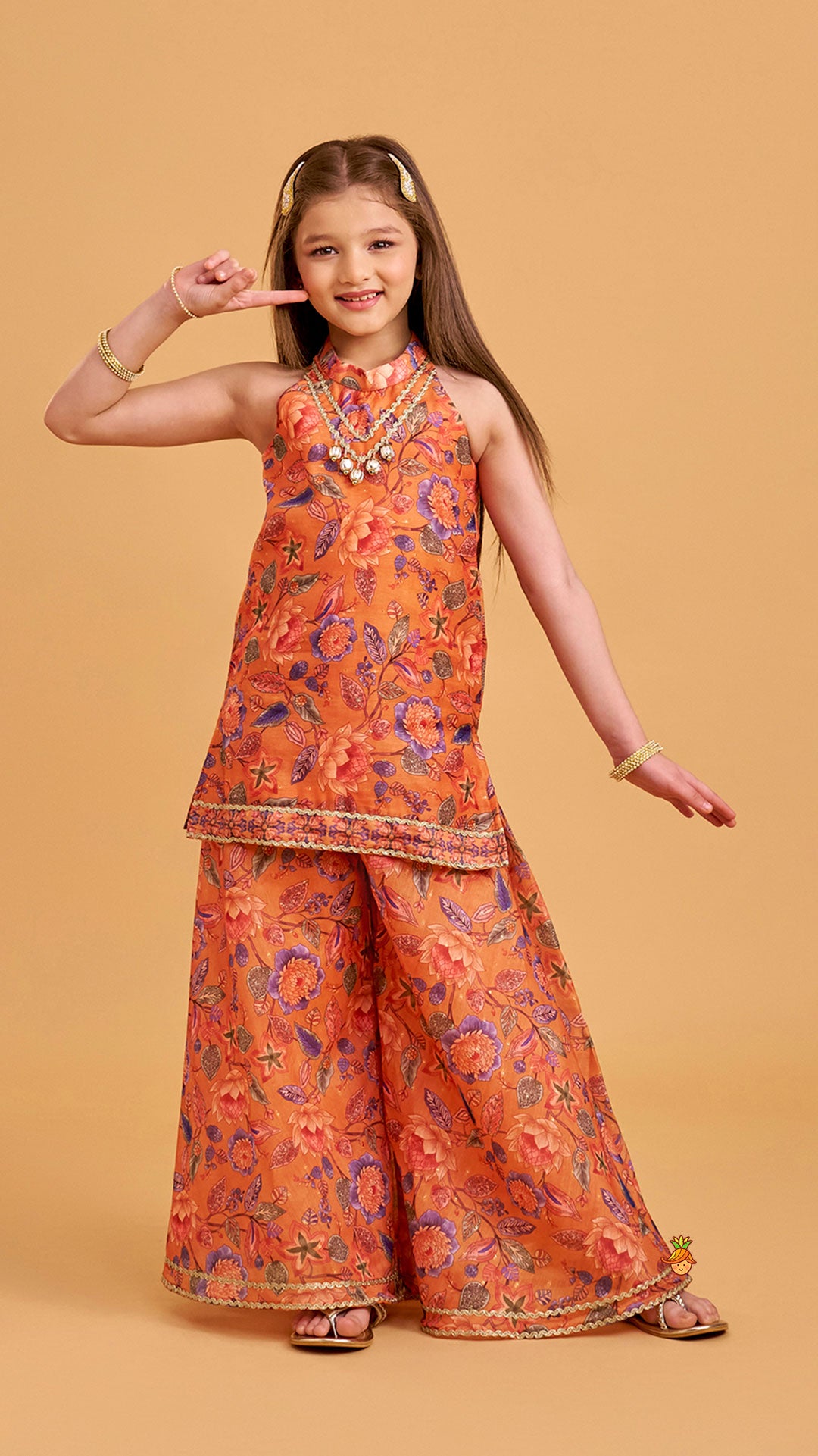 Floral Print Sleeveless Kurti With Palazzo And Contrasting Dupatta