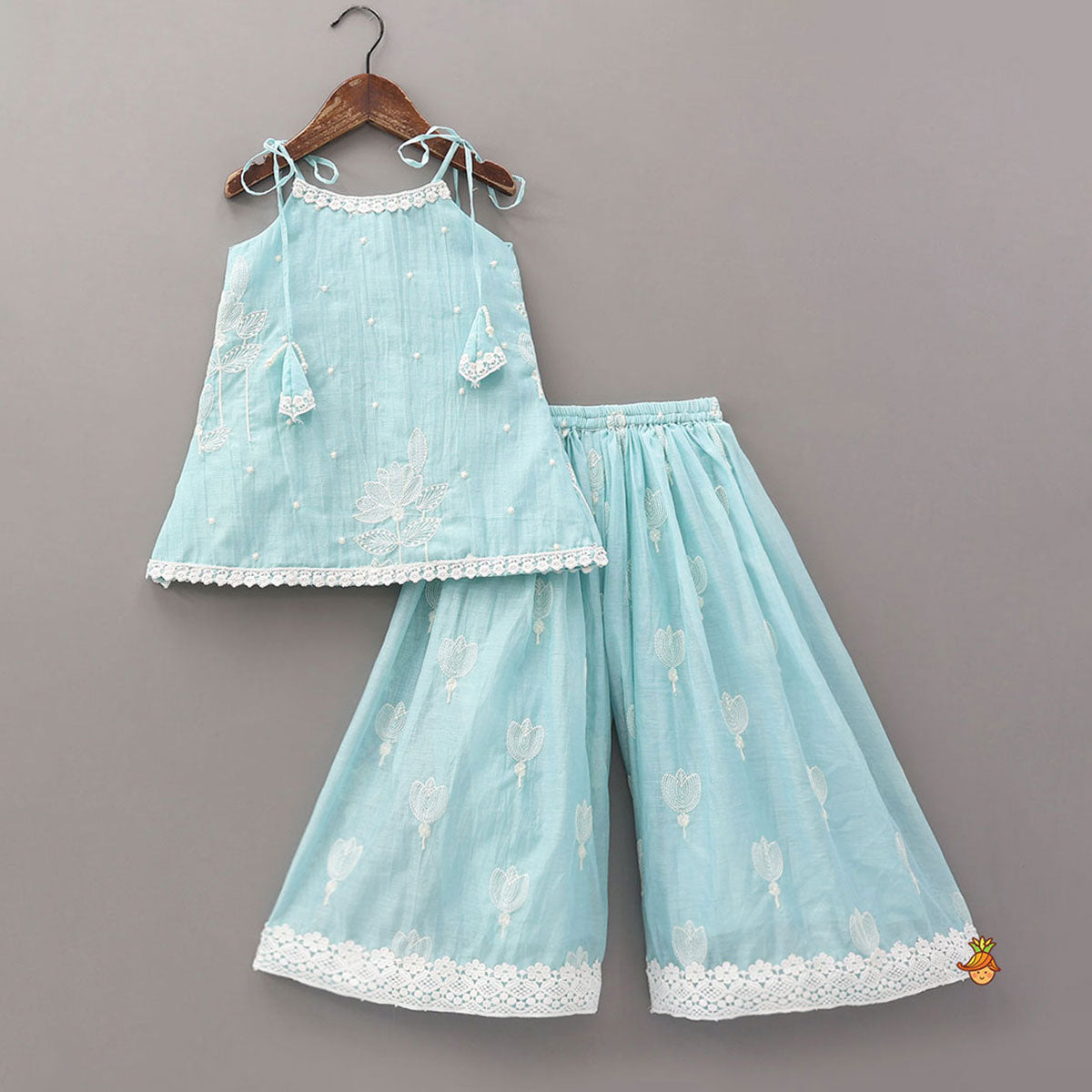 Floral Thread Embroidered Tie-Up Strap Kurti With Palazzo