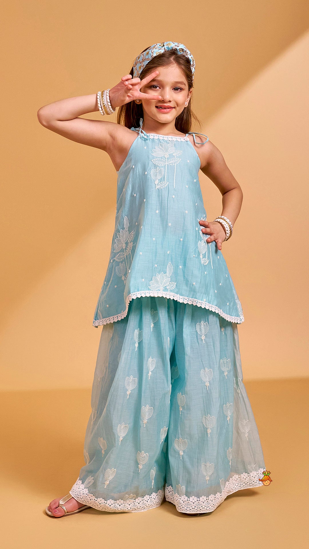 Floral Thread Embroidered Tie-Up Strap Kurti With Palazzo