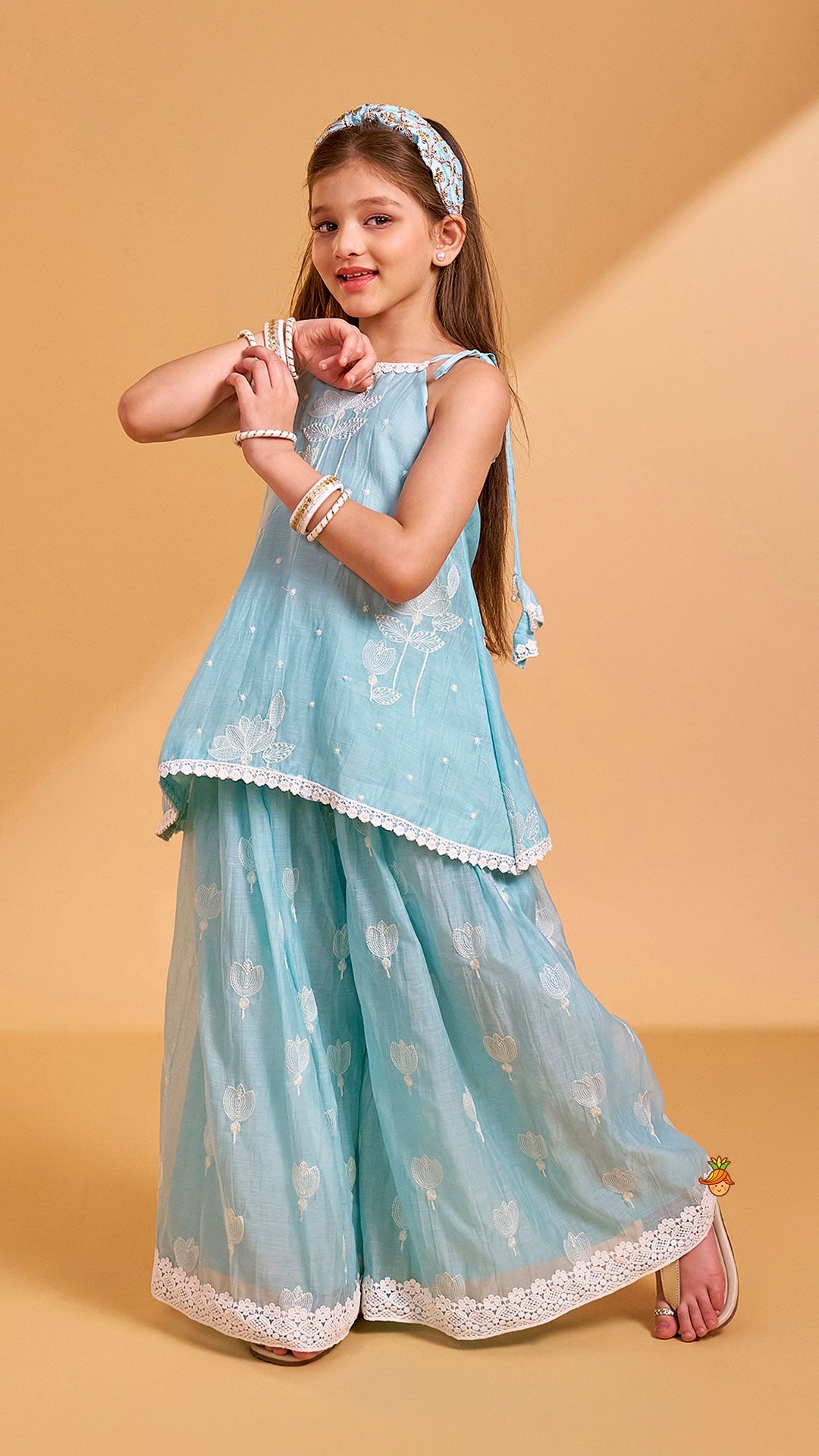 Floral Thread Embroidered Tie-Up Strap Kurti With Palazzo