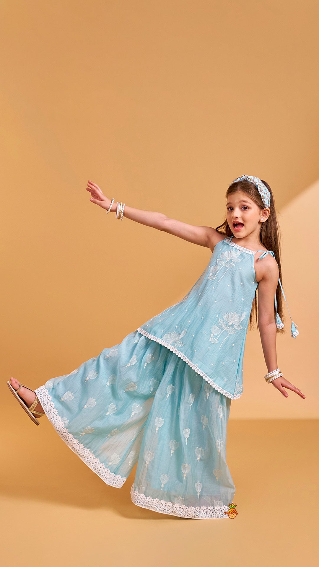 Floral Thread Embroidered Tie-Up Strap Kurti With Palazzo