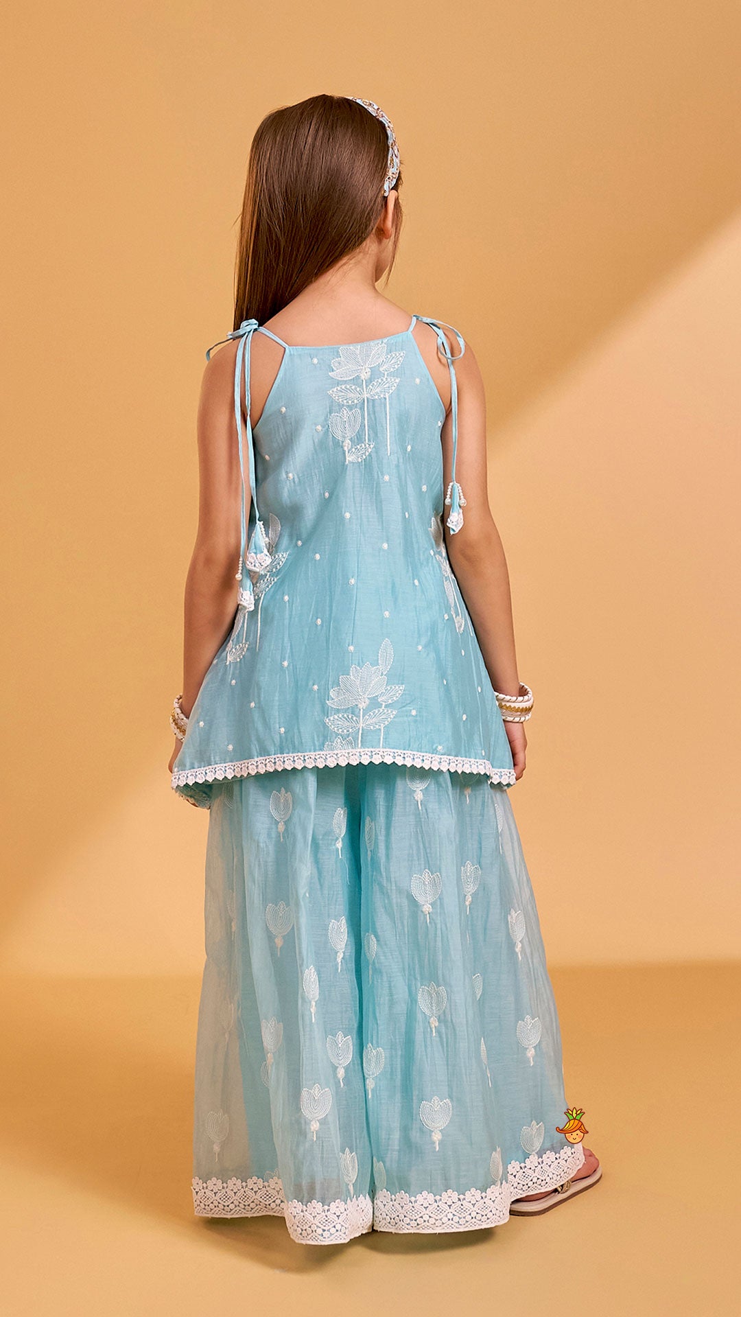 Floral Thread Embroidered Tie-Up Strap Kurti With Palazzo