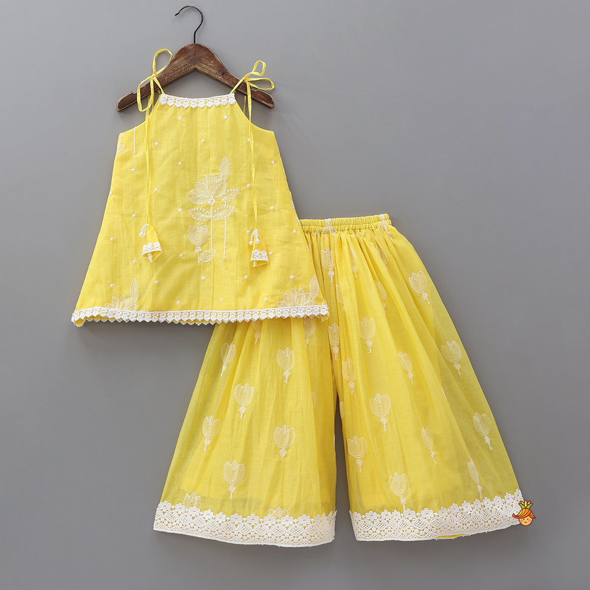 Thread Embroidered Tie-Up Strap Kurti And Palazzo