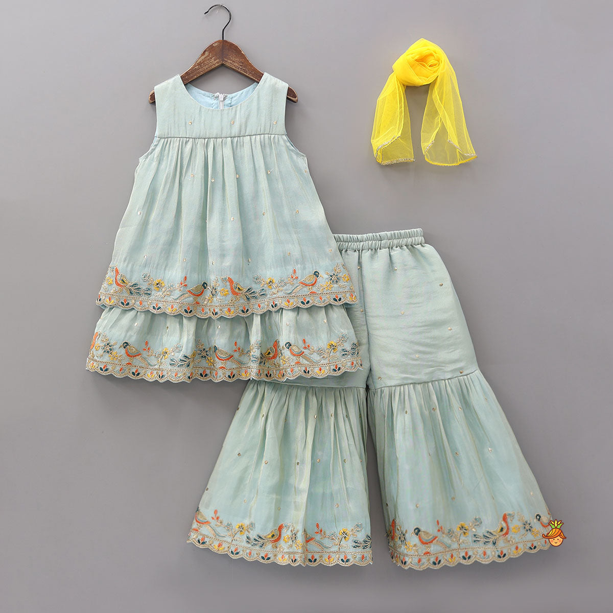 Layered Shimmery Kurti And Sharara With Contrasting Dupatta