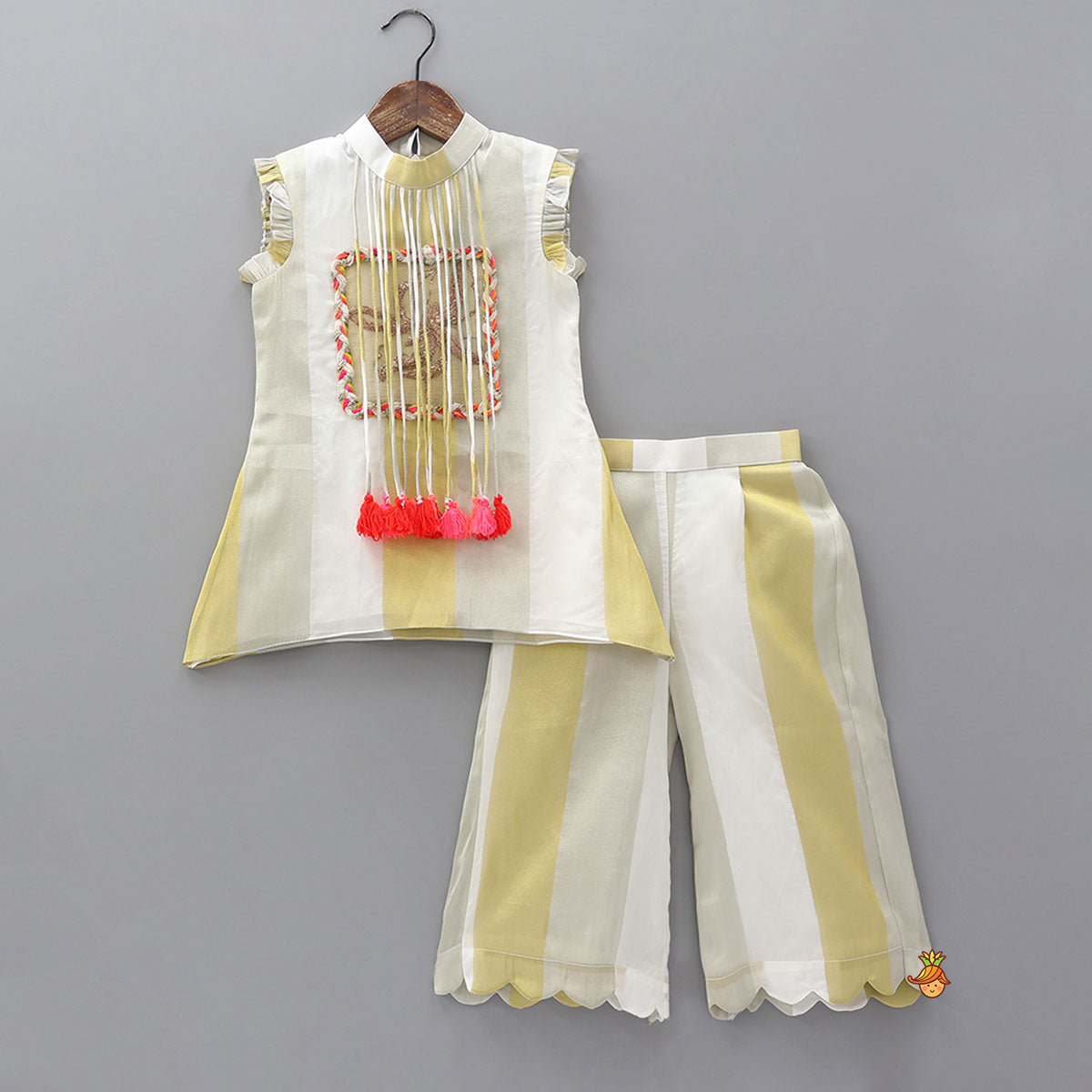 Tassels And Embroidered Patchwork Detailed Striped Top And Palazzo