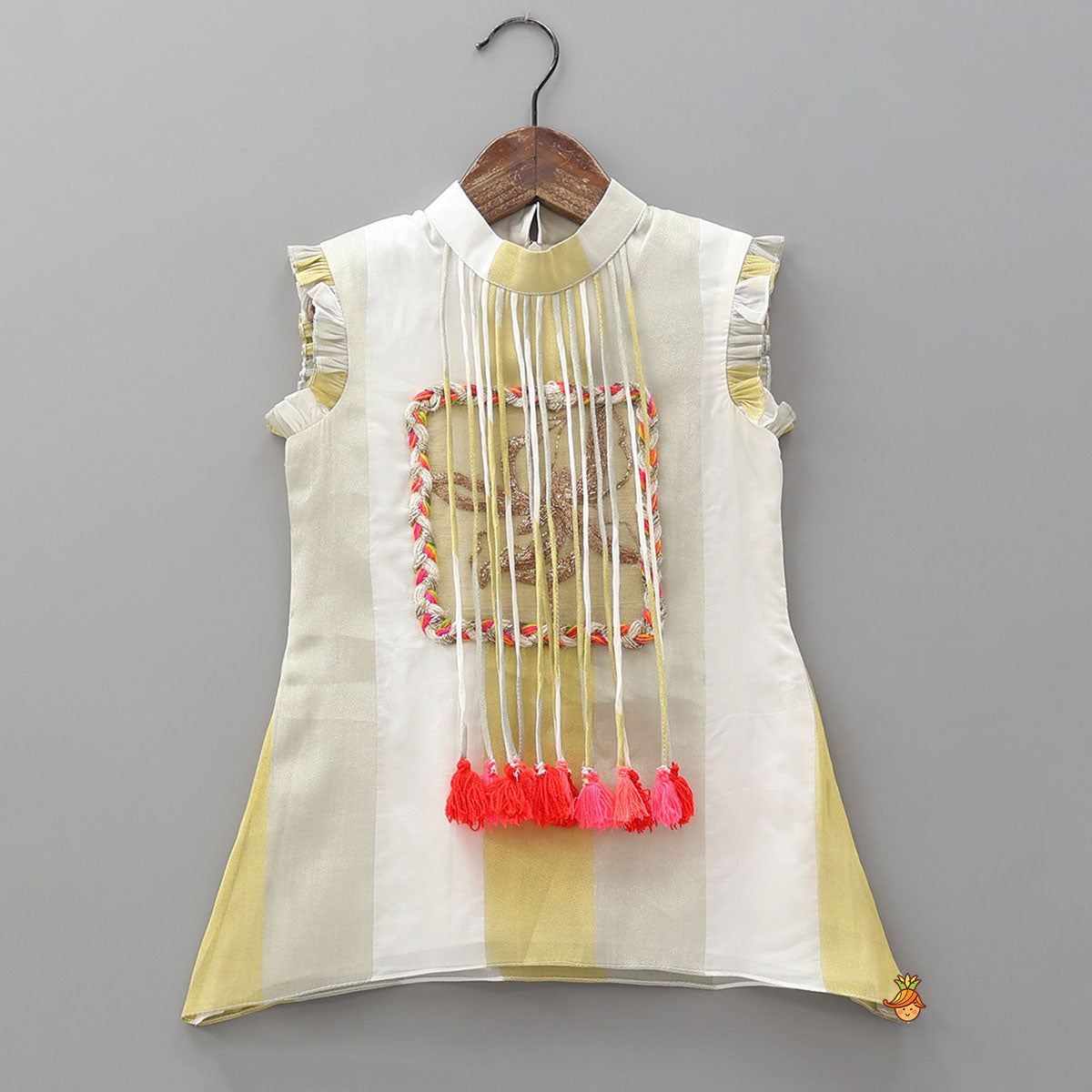 Tassels And Embroidered Patchwork Detailed Striped Top And Palazzo