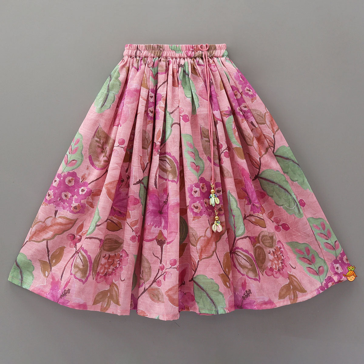 Pleated Yoke Floral Printed Top And Lehenga With Net Dupatta