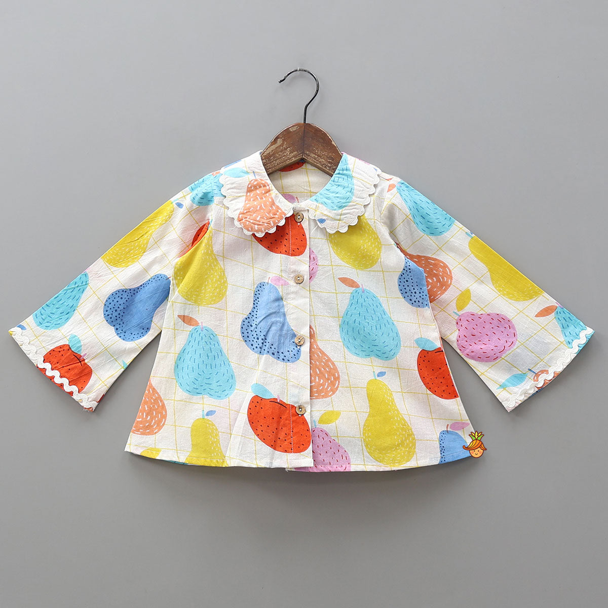 Hand Block Printed Checkered Sleepwear Set With Scalloped Lace Detailing