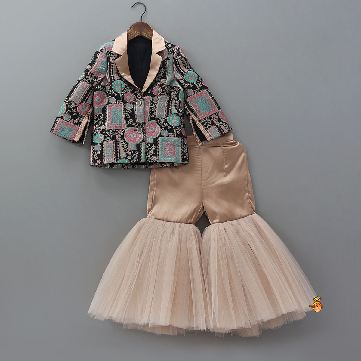 Noted Collar Jacket Style Top And Net Sharara