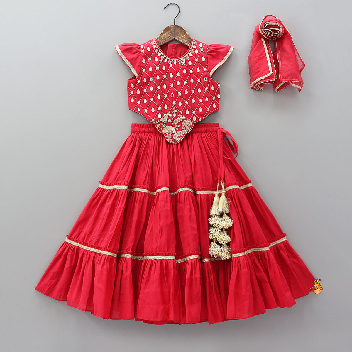 Check Embroidered Crop Top And Tiered Lehenga With Matching Dupatta