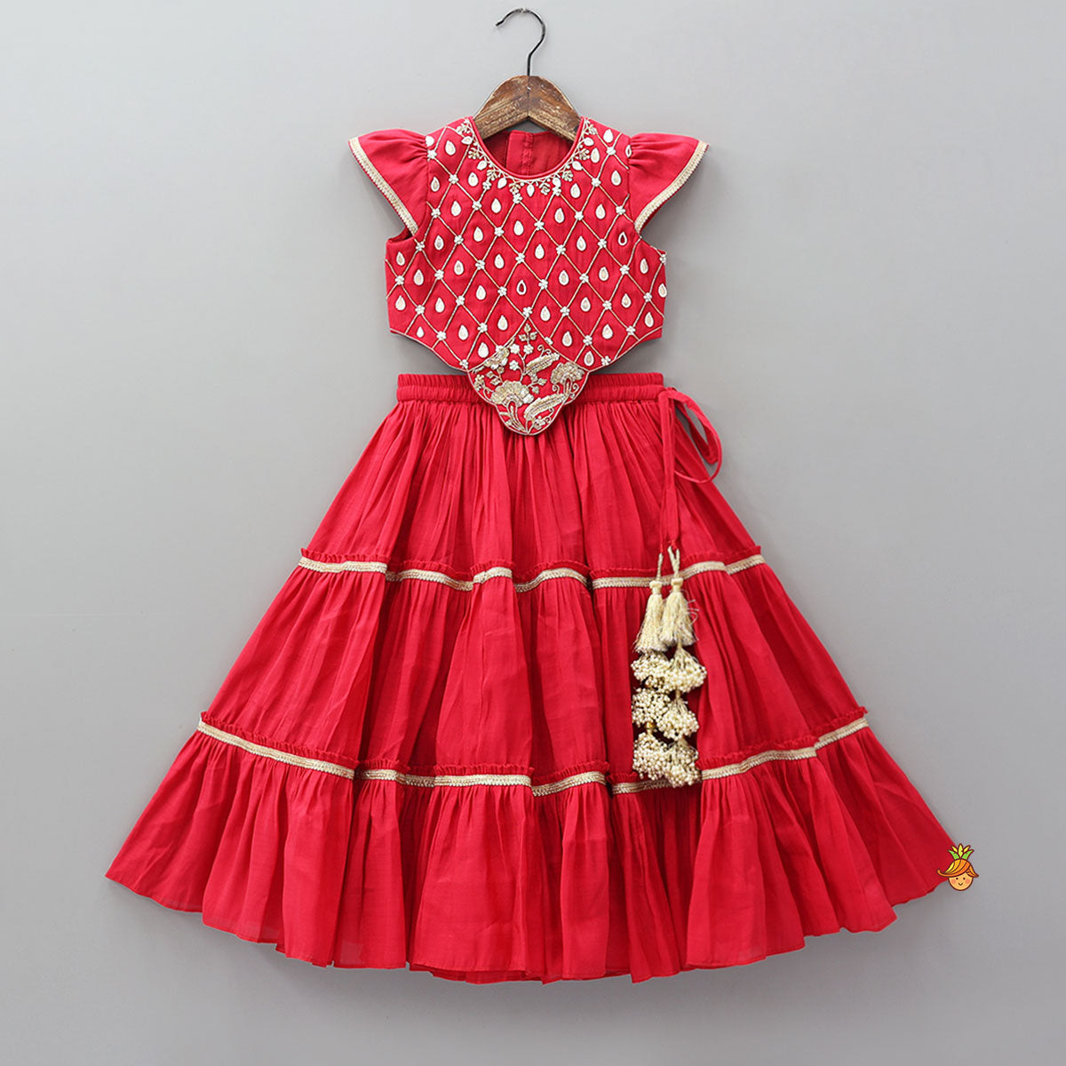 Check Embroidered Crop Top And Tiered Lehenga With Matching Dupatta