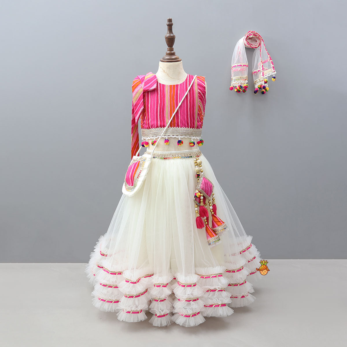 Crop Top And Ruffle Hem Lehenga With Net Dupatta And Sling Bag