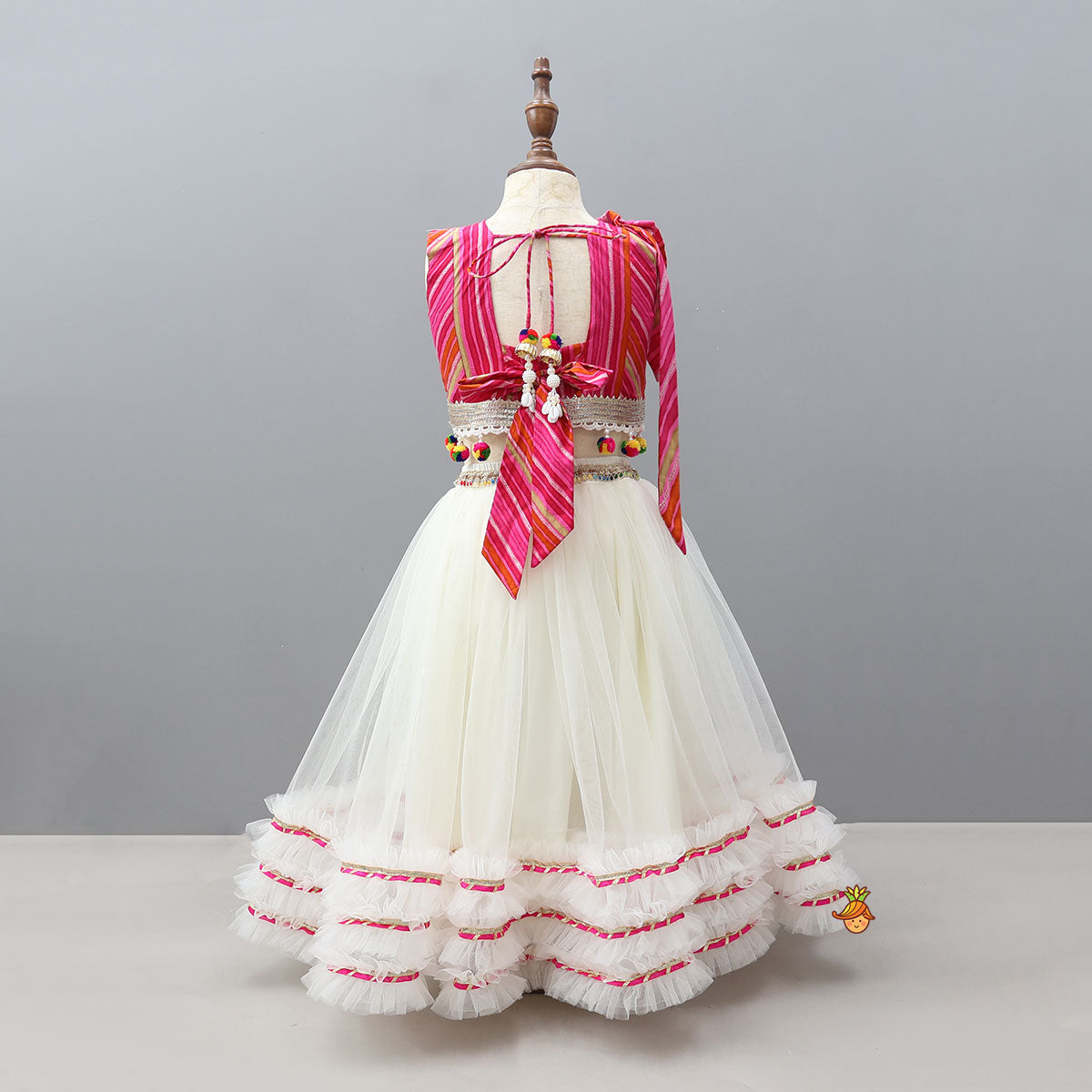 Crop Top And Ruffle Hem Lehenga With Net Dupatta And Sling Bag
