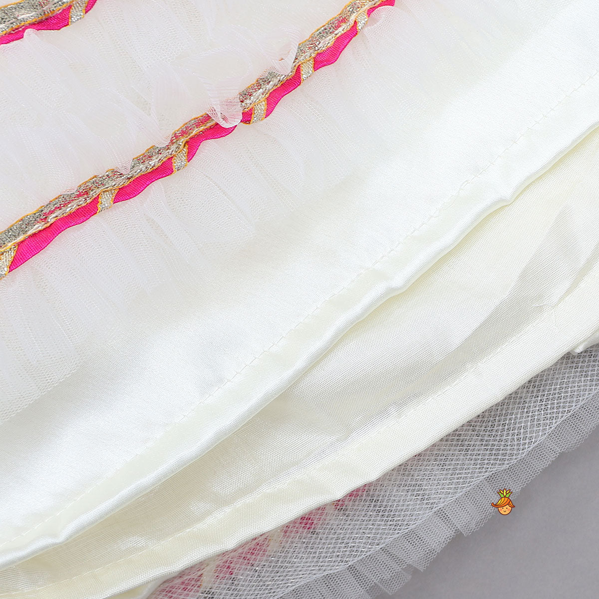 Crop Top And Ruffle Hem Lehenga With Net Dupatta And Sling Bag
