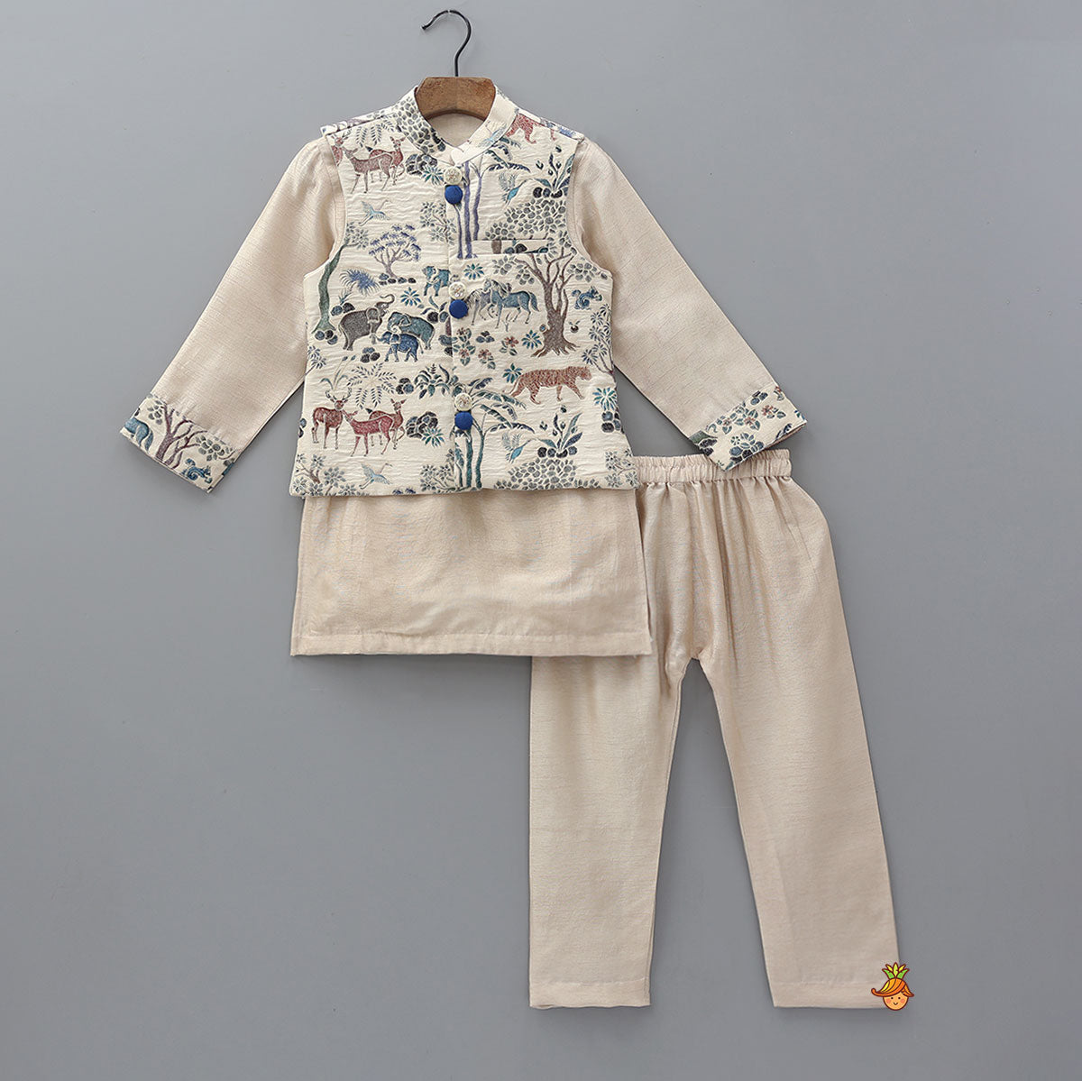 Ethnic Kurta With Animal Motif Jacket And Pyjama