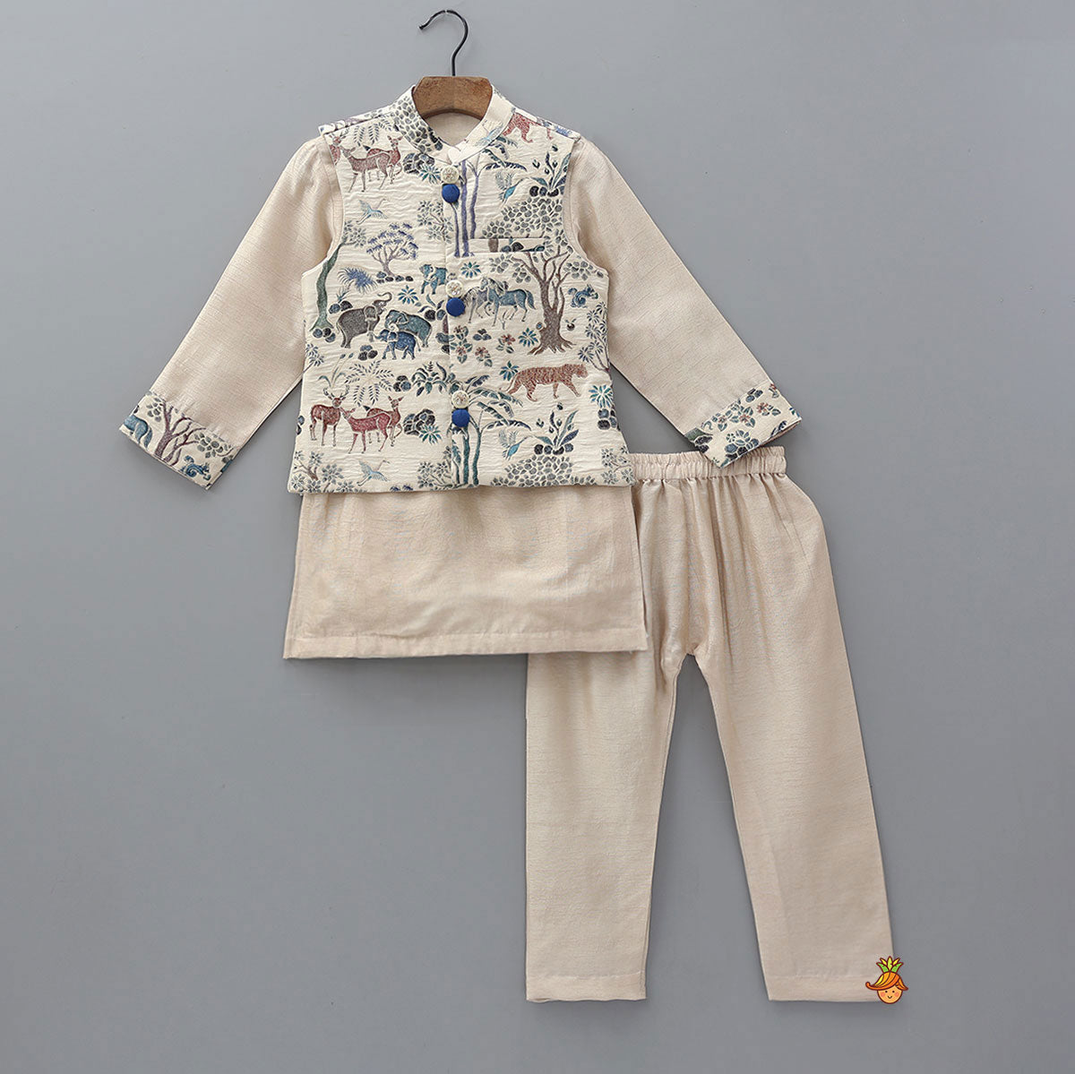 Ethnic Kurta With Animal Motif Jacket And Pyjama