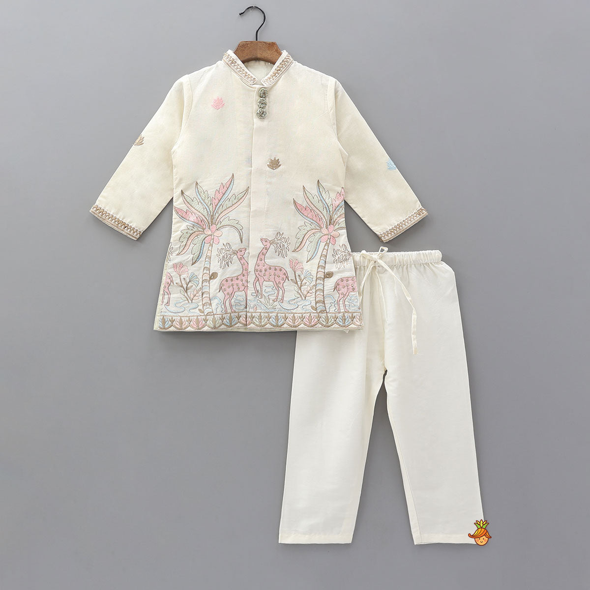Jungle Inspired Embroidered Open Kurta And Pyjama