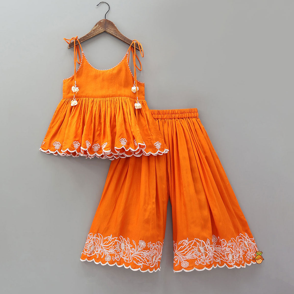 Thread Embroidered Scalloped Top And Palazzo With Dupatta