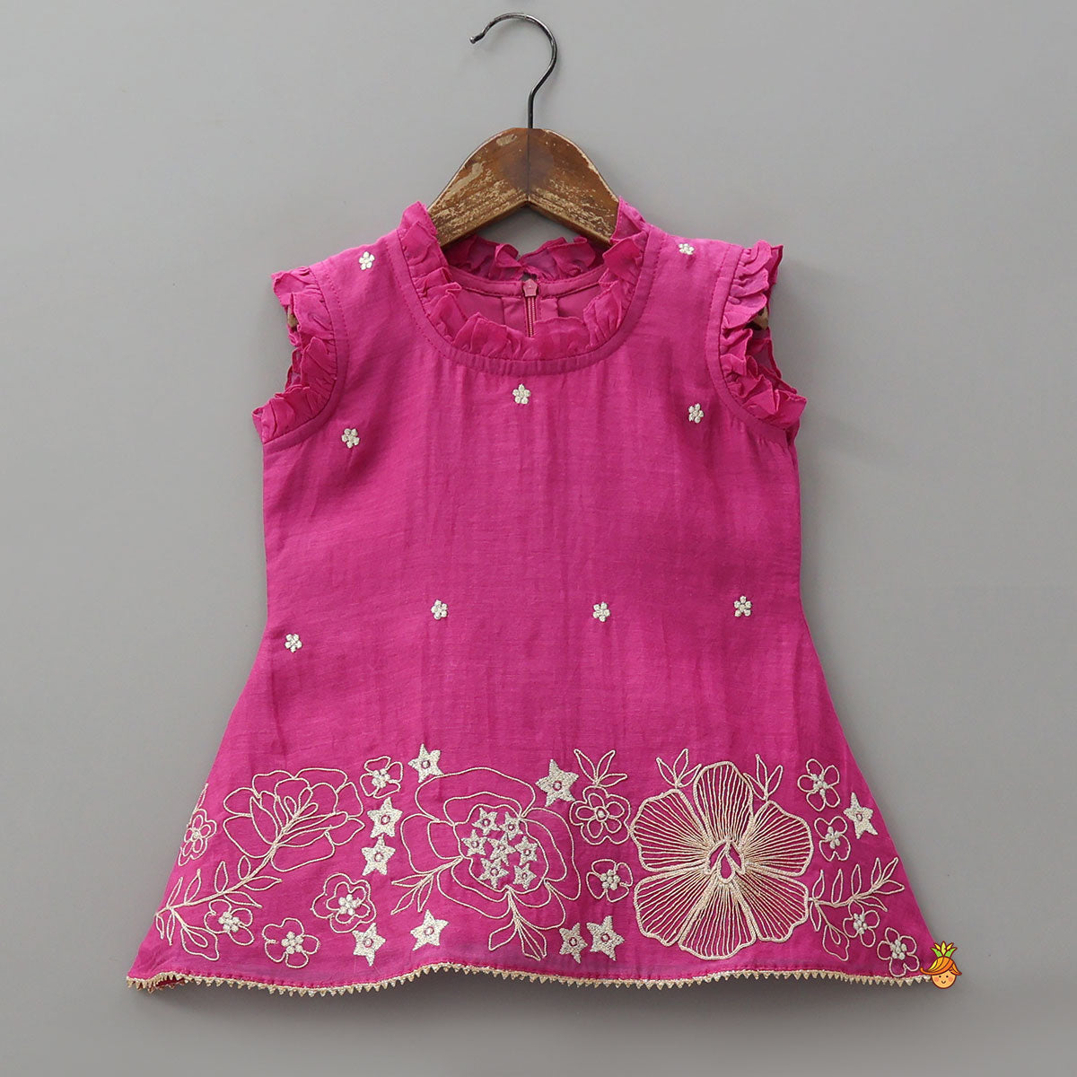 Embroidered Kurti And Palazzo With Fringed Lace Detail Dupatta