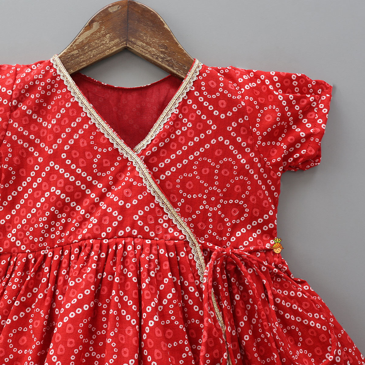 Bandhani Printed Angarkha Style Kurti With Cap Mittens And Booties