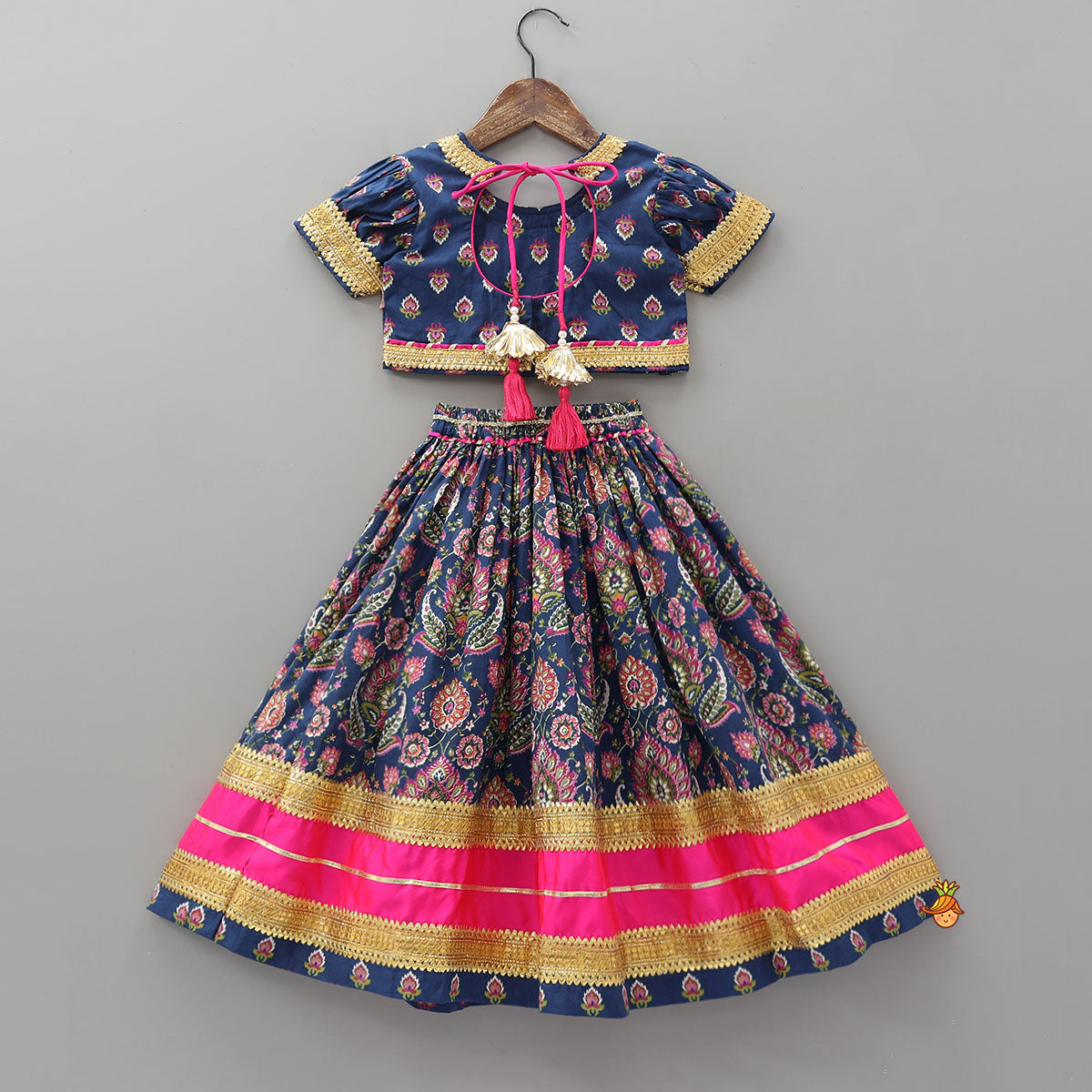 Gota Lace Work Printed Crop Top And Contrasting Hem Lehenga With Matching Dupatta