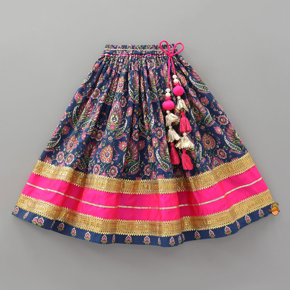 Gota Lace Work Printed Crop Top And Contrasting Hem Lehenga With Matching Dupatta