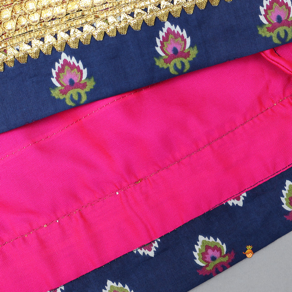 Gota Lace Work Printed Crop Top And Contrasting Hem Lehenga With Matching Dupatta