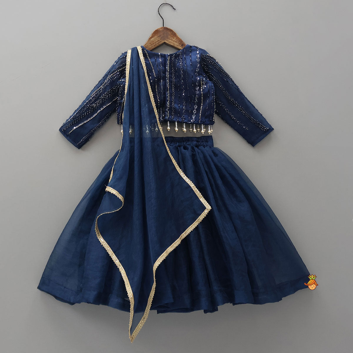 Heavy Embroidered Drape Crop Top And Lehenga With Matching Hair Band