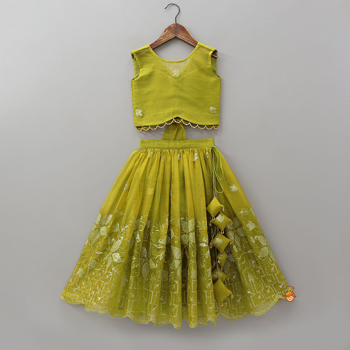 Organza Top And Lehenga With Handmade Tassel Detailing