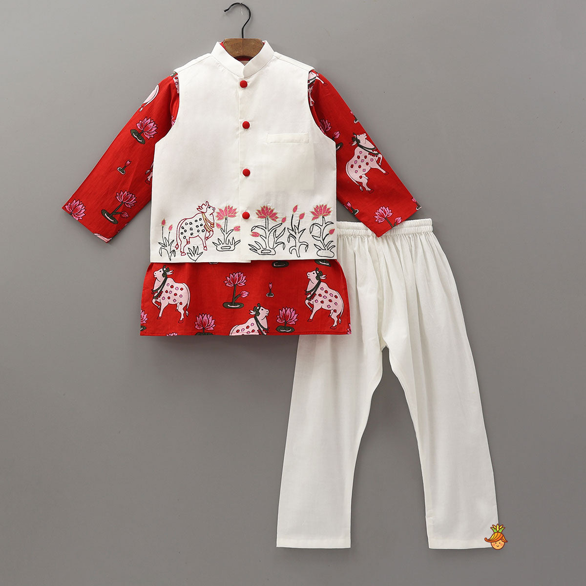 Lotus Printed Ethnic Kurta With Jacket And Churidar