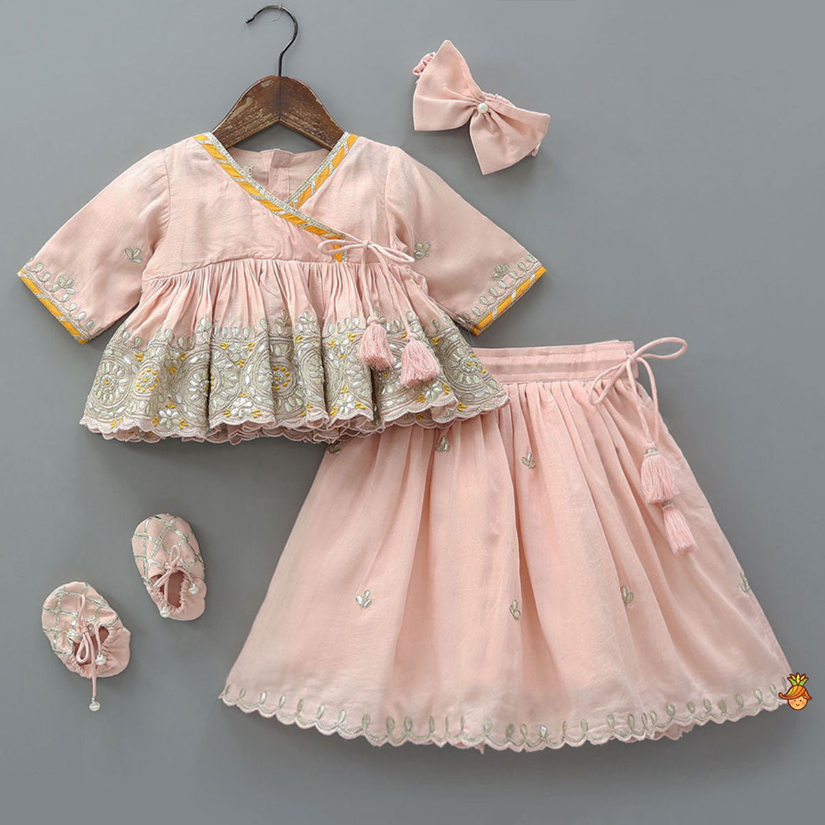 Elegant Hand Embroidered Gota Work Jamna Set With Matching Booties And Headband
