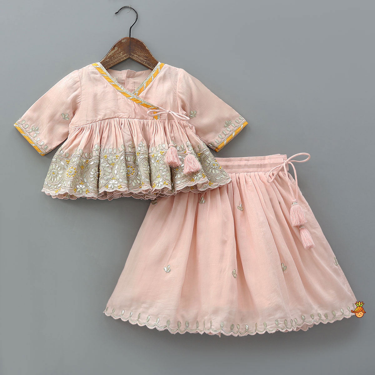 Elegant Hand Embroidered Gota Work Jamna Set With Matching Booties And Headband