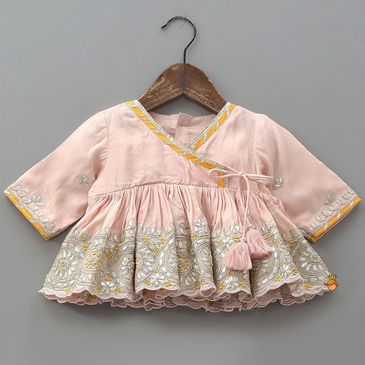 Elegant Hand Embroidered Gota Work Jamna Set With Matching Booties And Headband