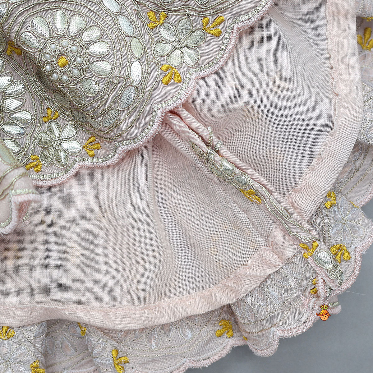 Elegant Hand Embroidered Gota Work Jamna Set With Matching Booties And Headband