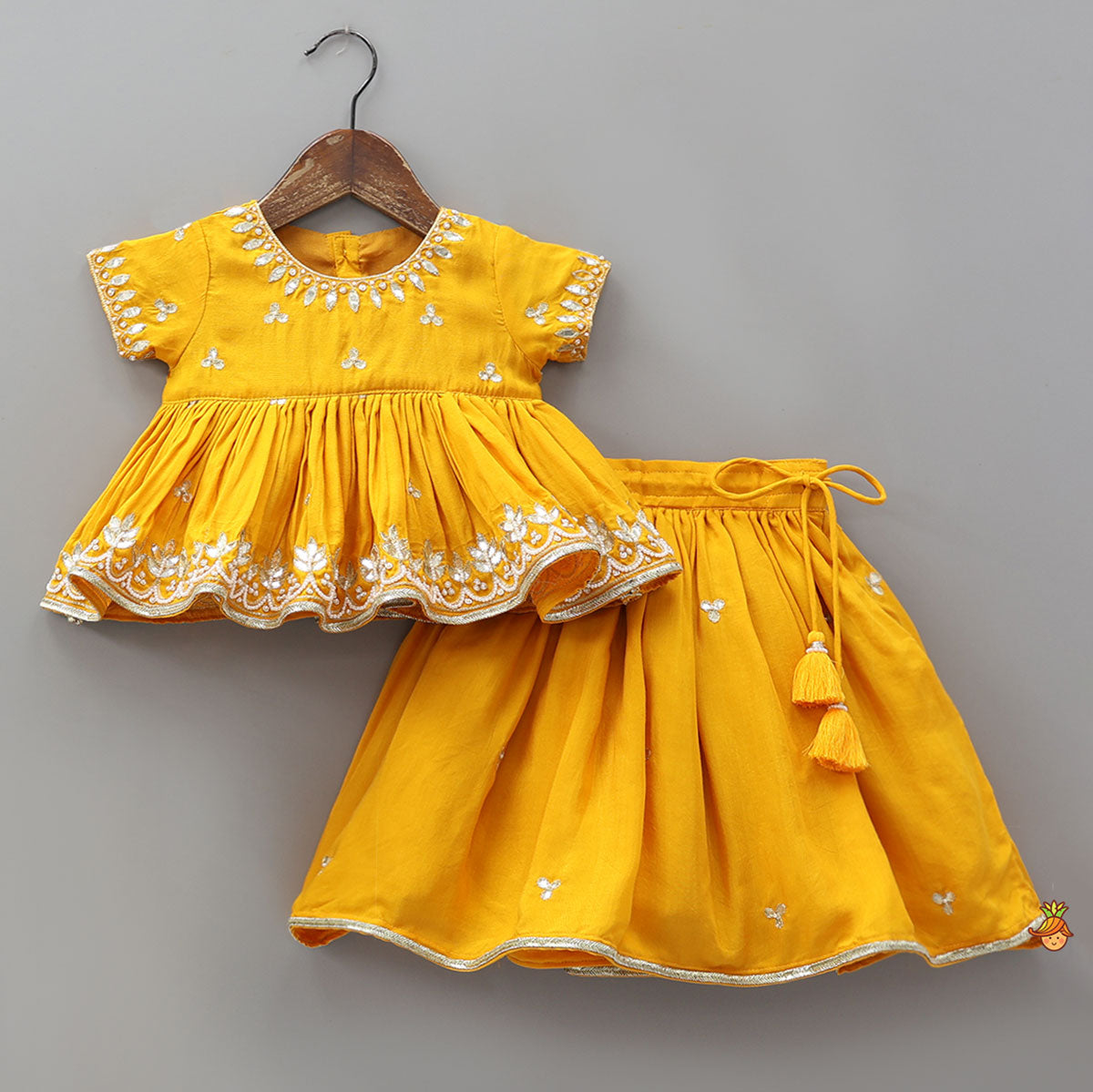 Hand Embroidered Gota Work Jamna Set With Matching Booties And Headband