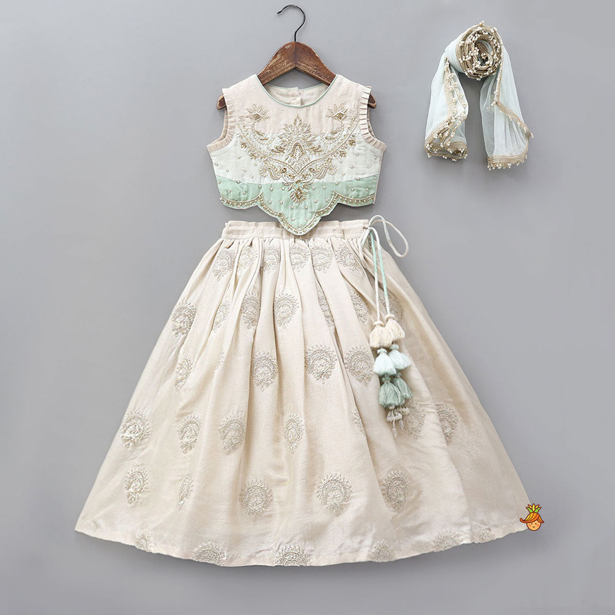 Hand Embroidered Pleated Armhole Top And Lehenga With Net Dupatta