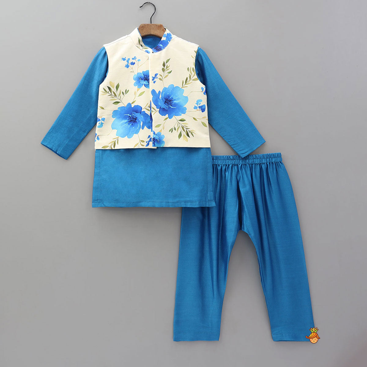 Ethnic Kurta With Floral Printed Jacket And Pyjama