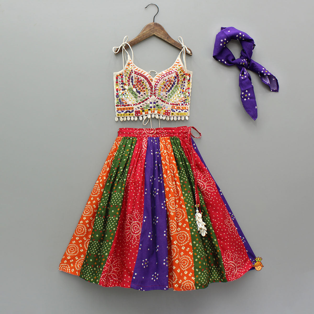 Teen Beautiful Hand Embroidered Tie-up Top With Multicolour Bandhani Printed Lehenga And Bandana