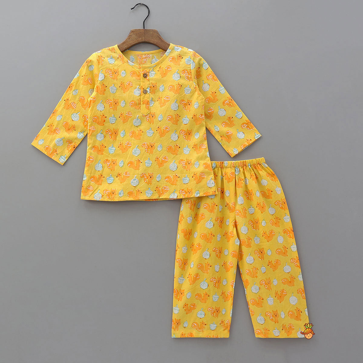 Yellow Squirrel Block Printed Kurta Pyjama Sleepwear