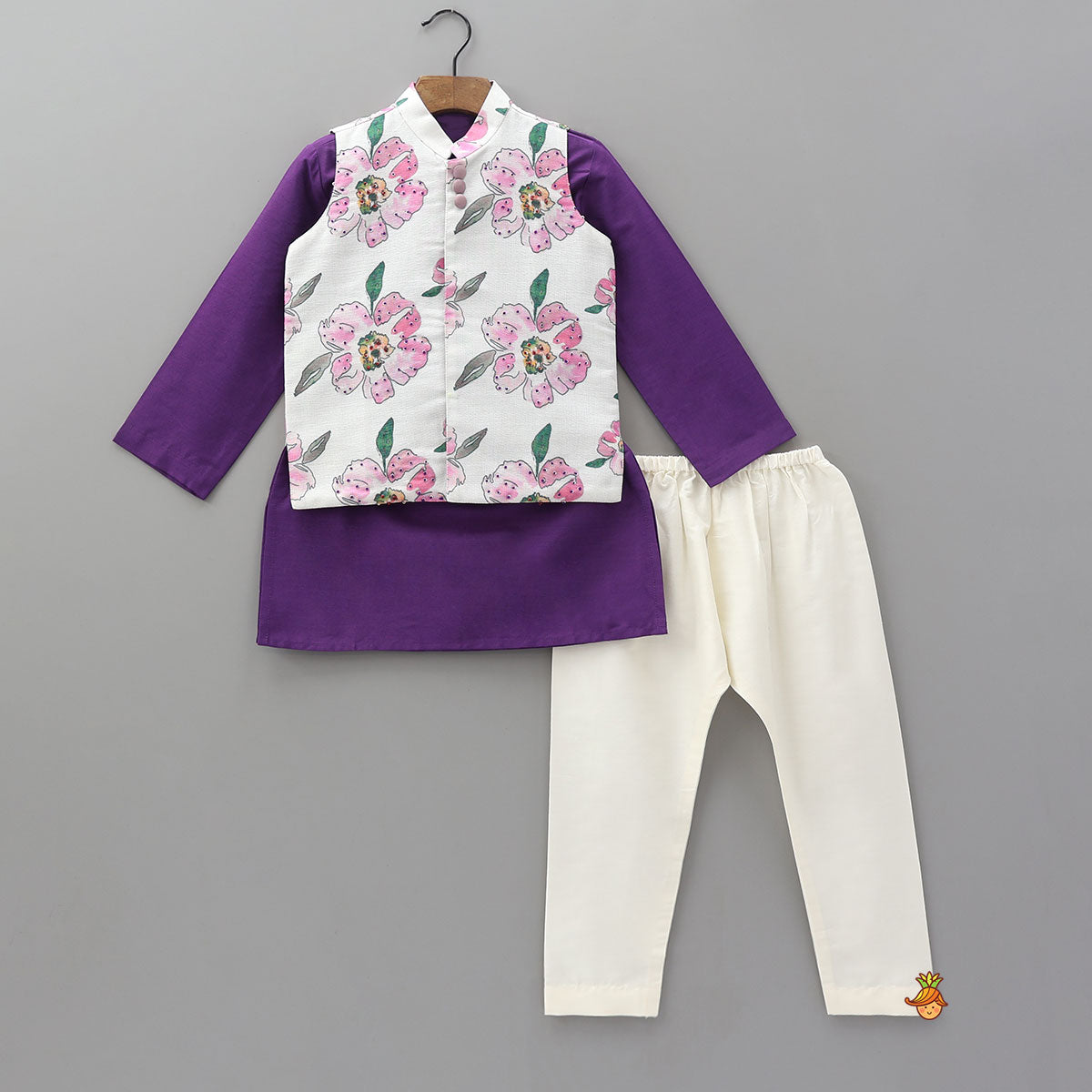 Ethnic Kurta With Floral Printed Jacket And Pyjama