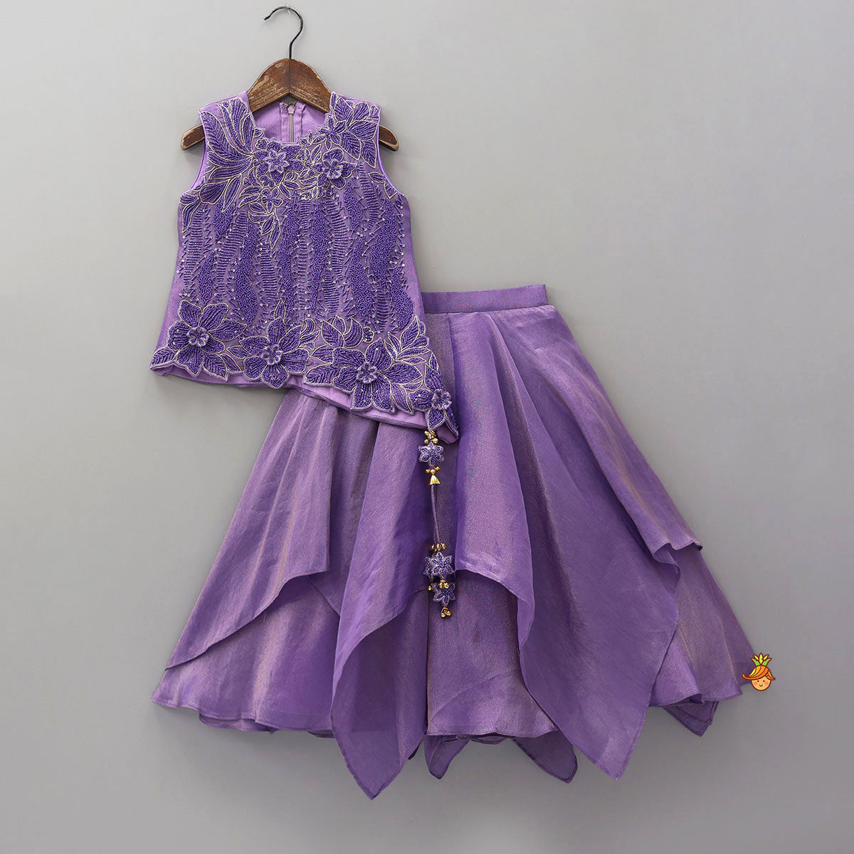Asymmetric Hem Shimmery Kurti And Lehenga