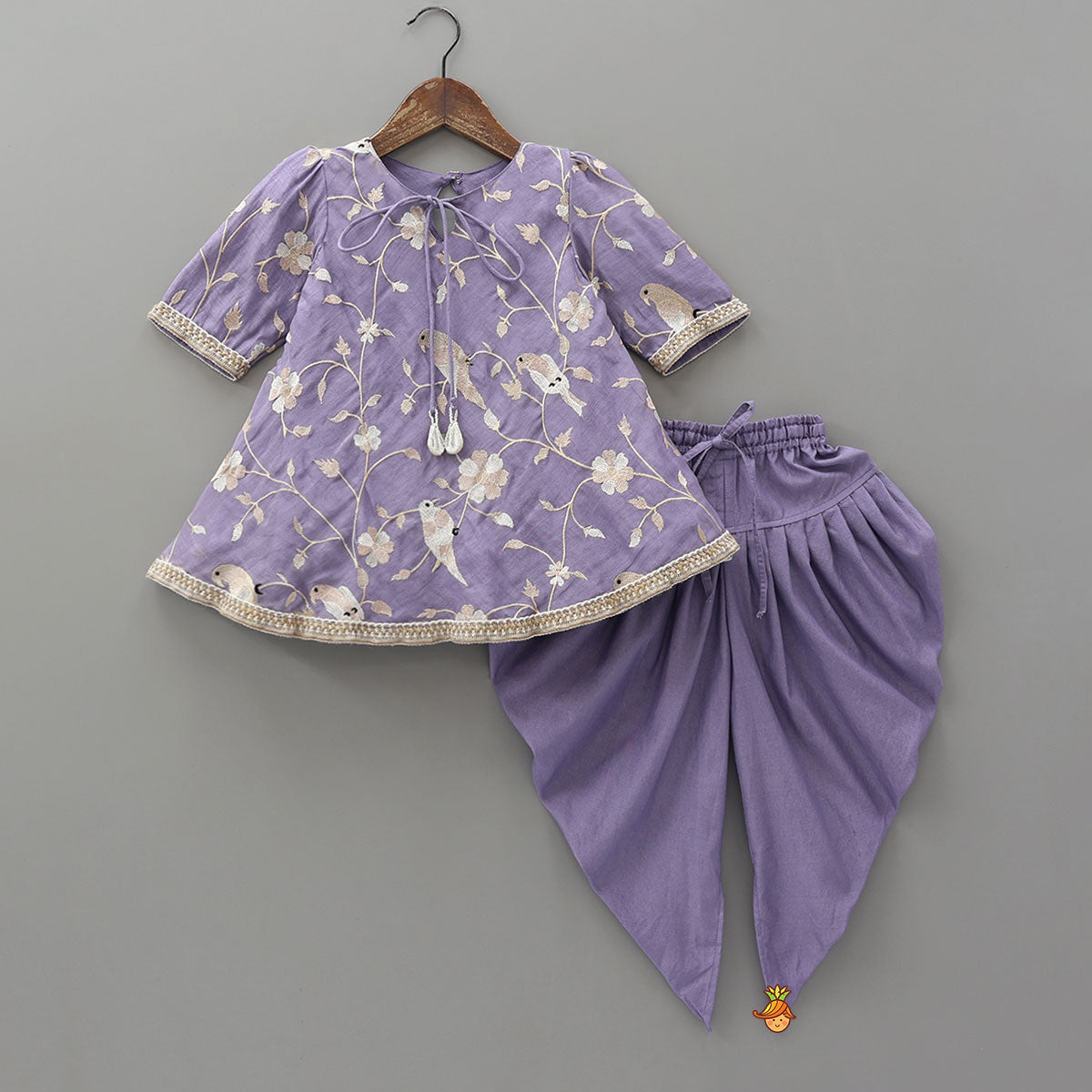 Floral Bird Embroidered A-Line Kurta And Dhoti