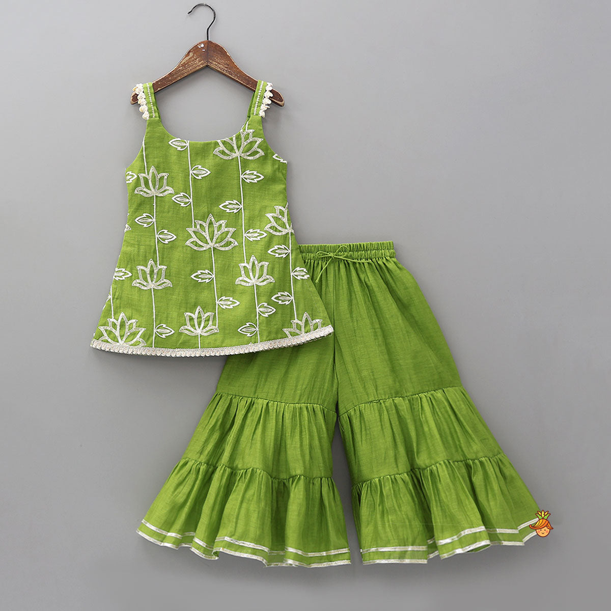 Lotus-Embroidered Strappy Kurti With Sharara